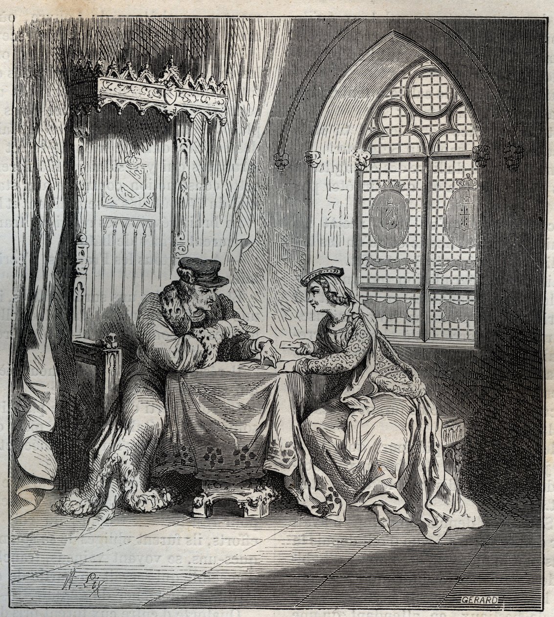 Karel VI (1380-1422) en Odette de Champdivers - Koning Karel VI van Frankrijk, bekend als Karel de Geliefde, later Karel de Waanzinnige (1368-1422) met zijn minnares Odette de Champdivers (circa 1390-1425) kaarten spelend gravure in 