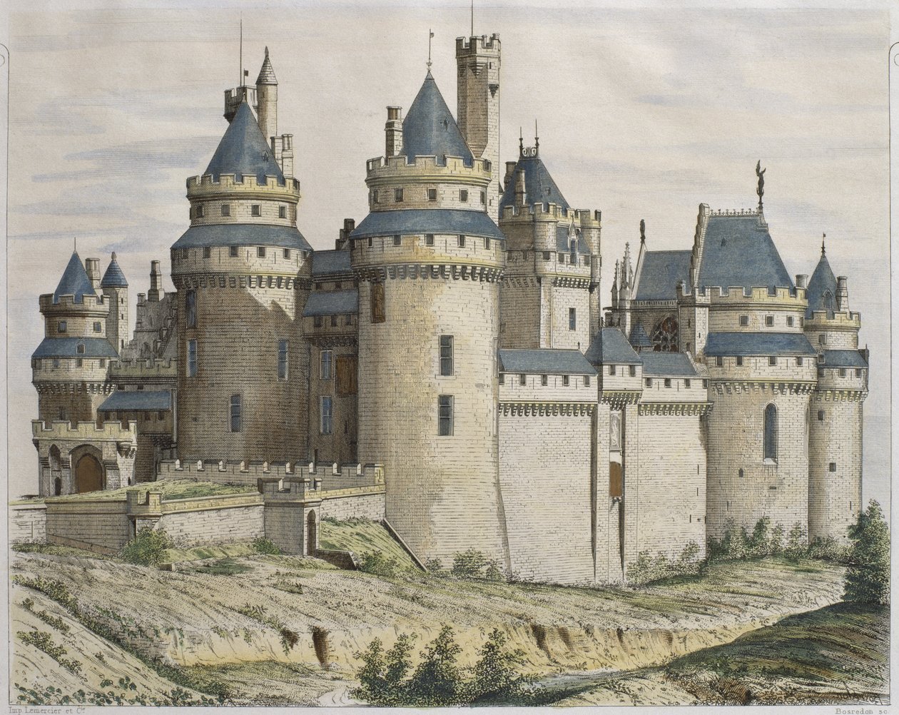 Chateau de Pierrefonds, illustratie uit Le Moniteur des architectes, gegraveerd door Bosredon door French School