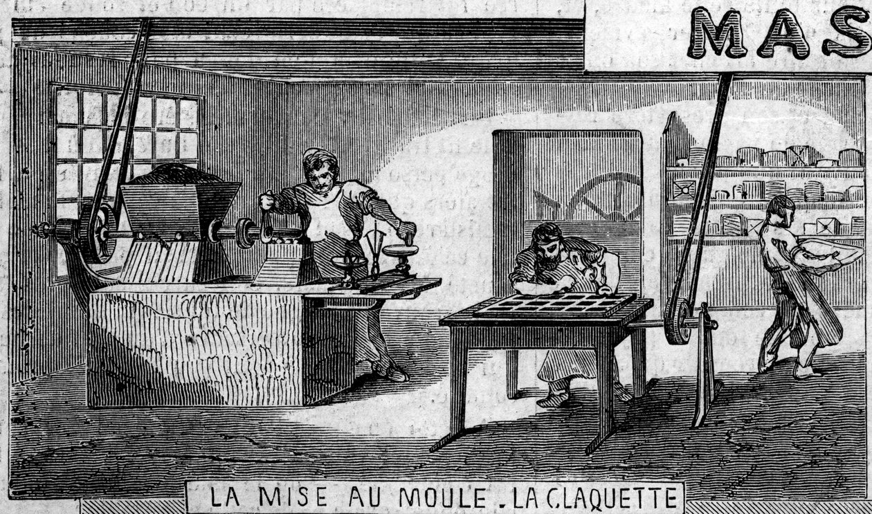 Chocoladeproductie: wegen en vormen, tikken. Usine de M. Masson, Parijs. door French School