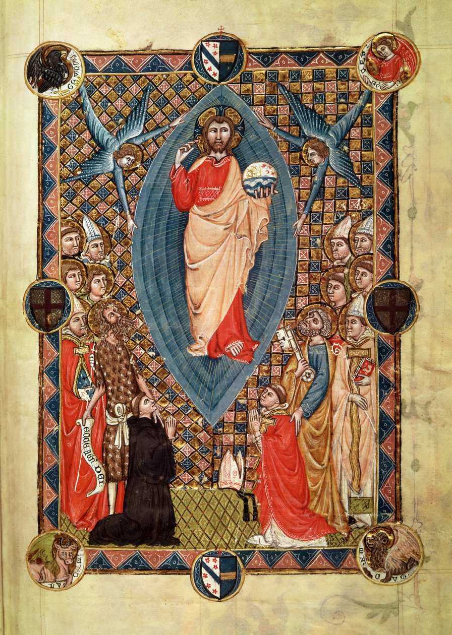 Christus in Majesteit met Heiligen, uit het Pontificale van Bisschop Pierre de la Jugie, 1350 door French School