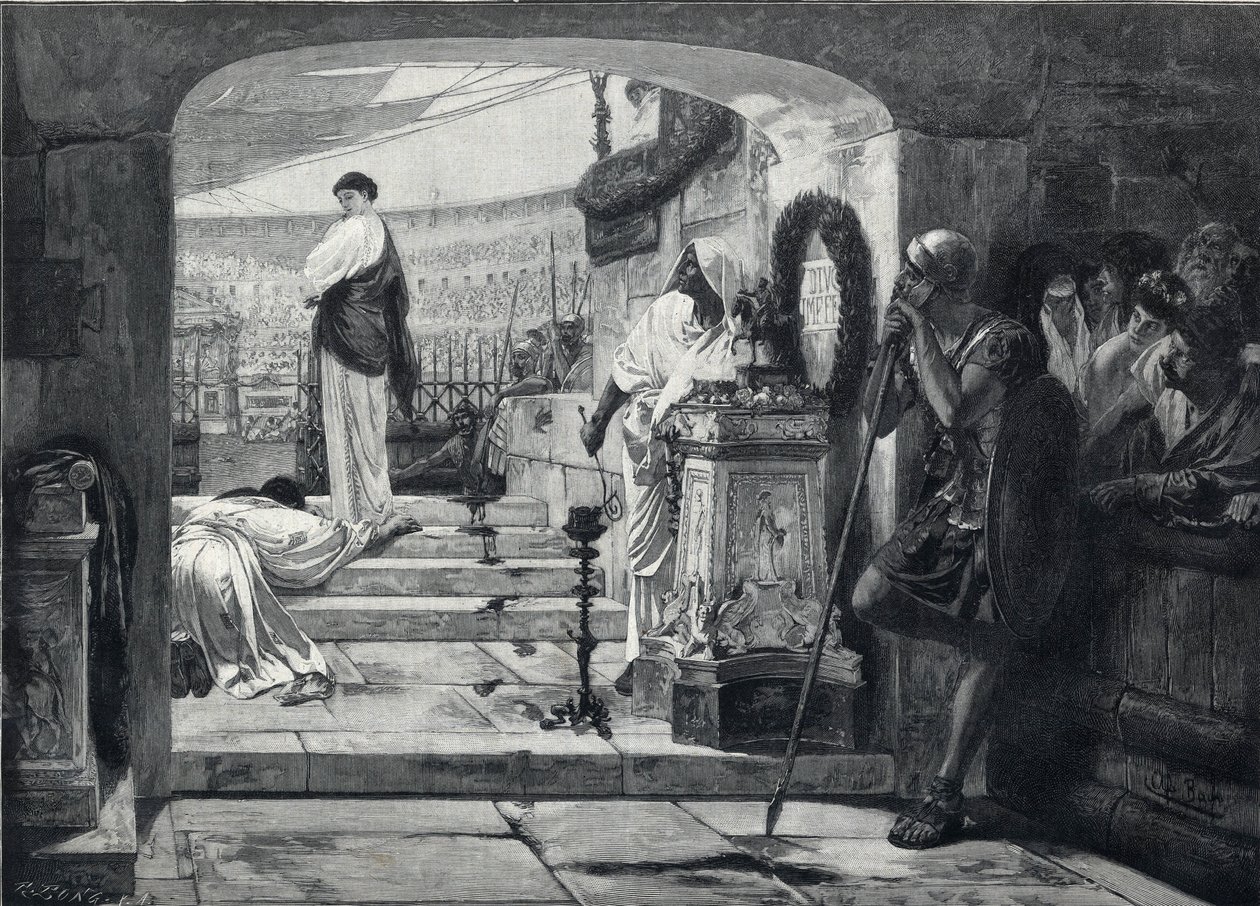 Christelijke martelaar die de arena betreedt om aan de beesten te worden overgeleverd. Gravure naar het schilderij van Albret Baur door French School