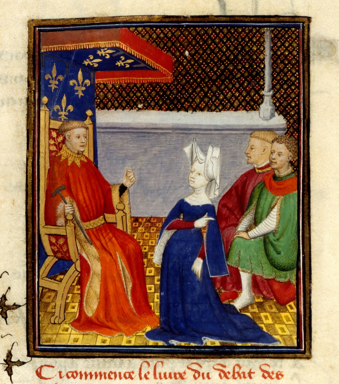 Christine spreekt Louis d’Orléans toe, MS Harley 4431, f.58v, Frankrijk, c.1410-14 door French School