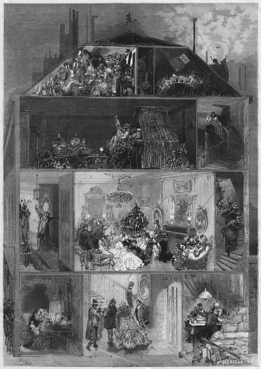 Kerstavond: doorsnede van een Parijs gebouw met verschillende manieren om oudejaarsavond te vieren. Gravure in 