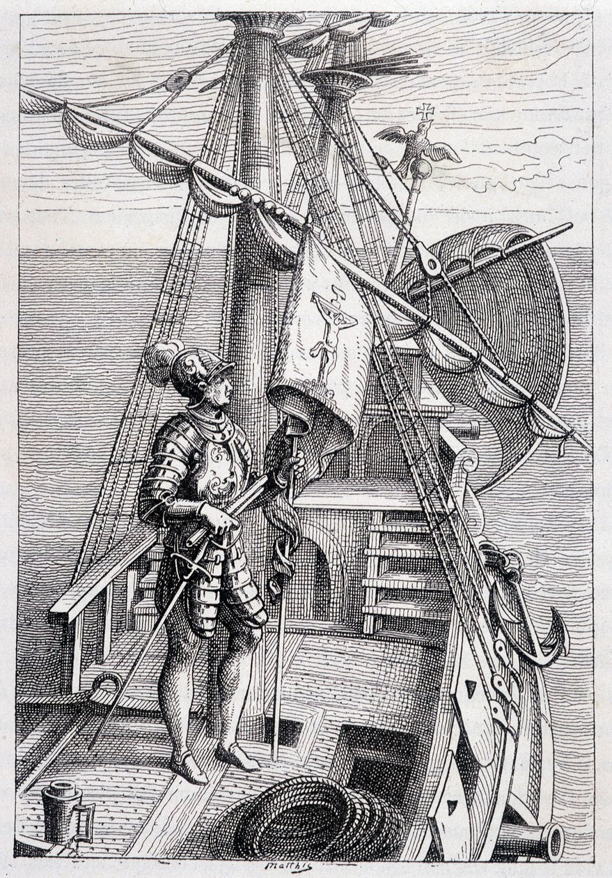 Christoffel Columbus op zijn trailer, ill. Ontdekking van de Aarde door Jules Verne, ed. Hetzel, 19e eeuw door French School