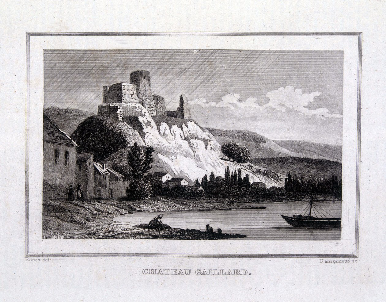 Château Gaillard gezien vanaf de Seine - Gravure door French School