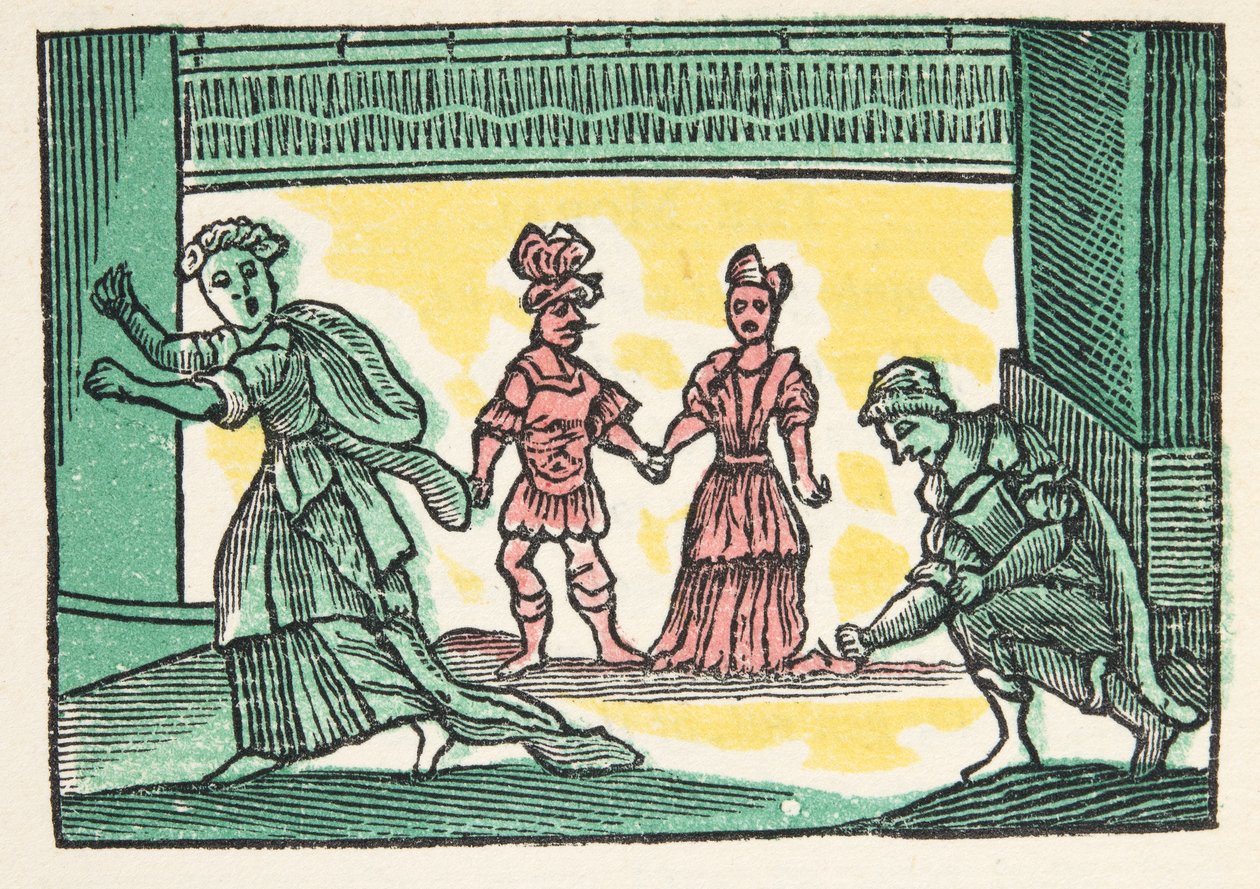 Assepoester of het glazen muiltje, uit Histories or Tales of Past Times verteld door Moeder de Gans, met moraal, door M Perrault, pub. 1925 (handgekleurde houtsnede) door French School