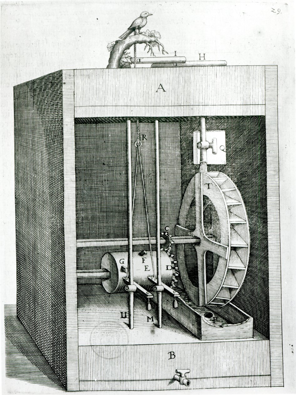 Mechanische vogel, uit Les Raisons des Forces Mouvantes door Salomon de Caus (ca. 1576-1626), 1615 door French School
