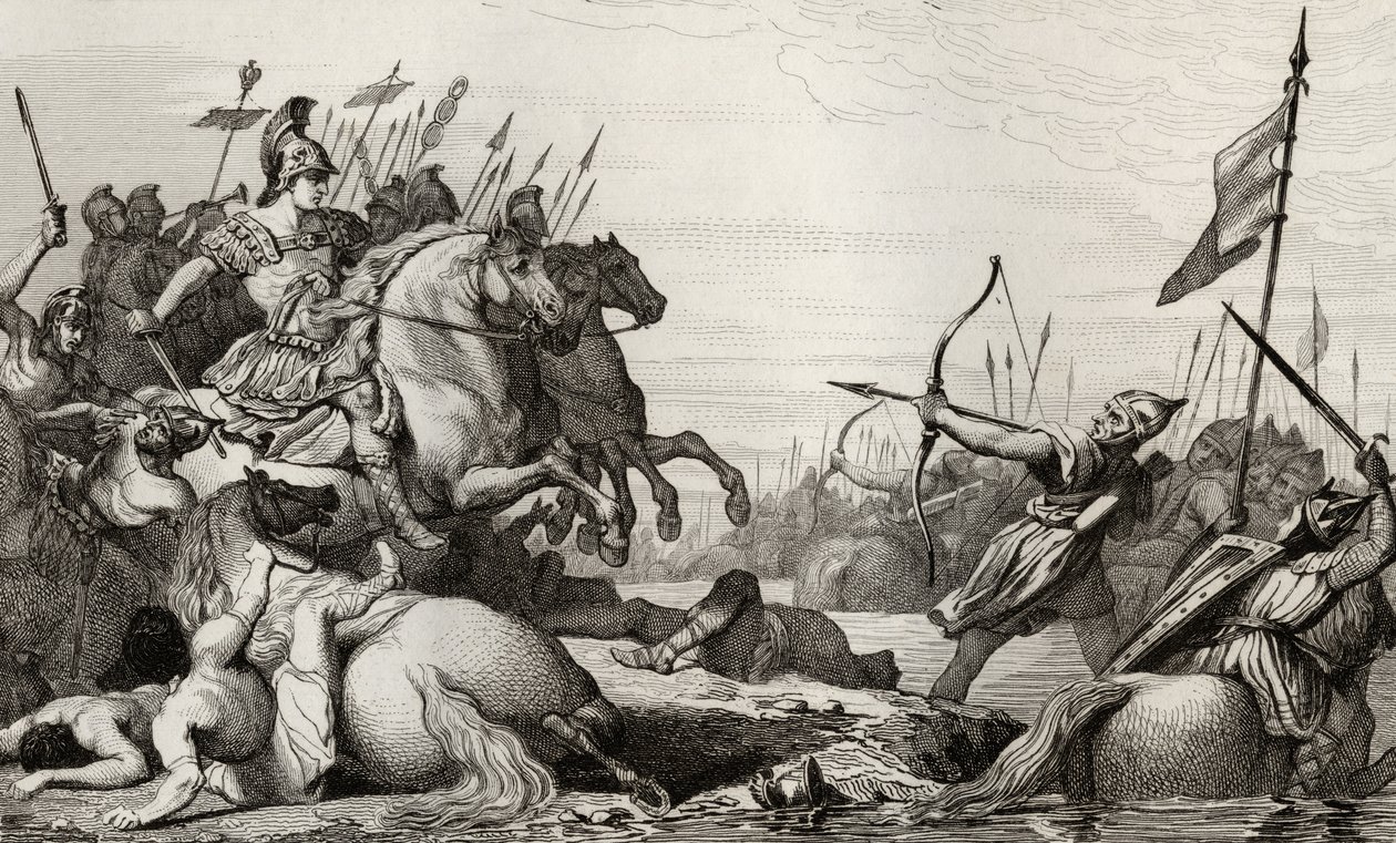Clodion, de Harige (ca. 428-47) trekt zich terug over de brug na zijn nederlaag door Aetius, uit 