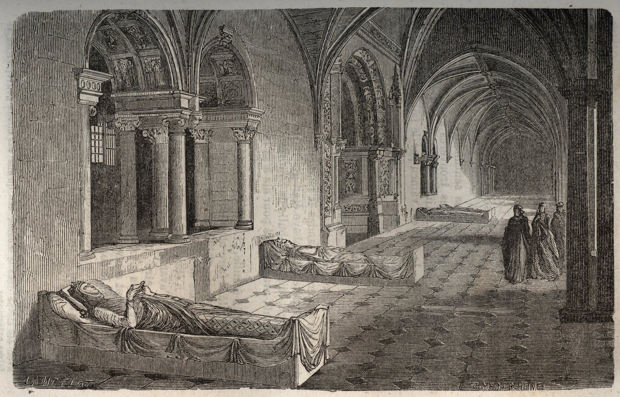 Klooster van Fontevrault met beelden van Hendrik II - Eleonore van Guyenne - gravure in 