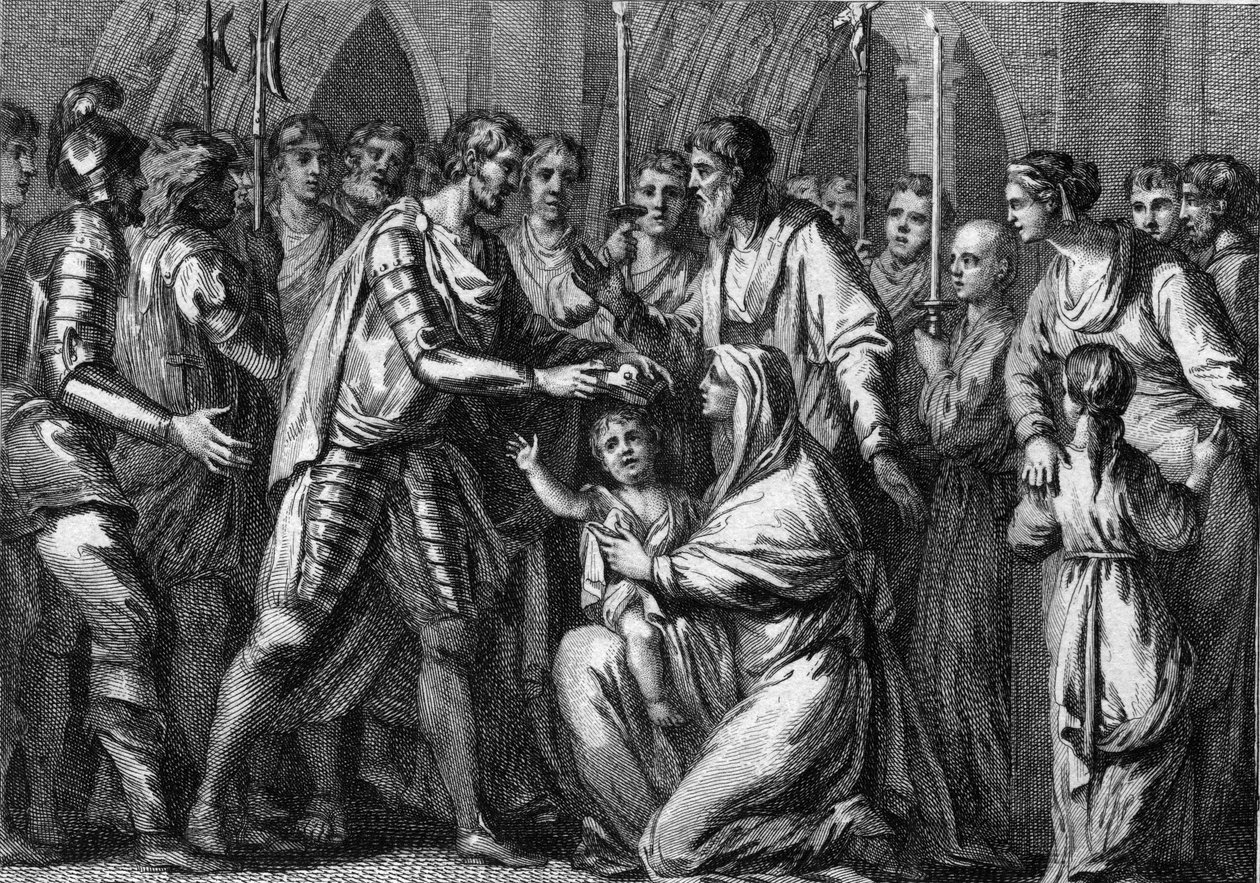 Clotaire (Clothaire) II, bekend als de Jonge (584-628), gekroond tot koning van Neustrië door zijn oom, Gontran I (ca. 545-592), koning van Orléans en Bourgondië. Zijn moeder, koningin Fredegonde (ca. 545-597), houdt hem in haar armen. 584. Gravure uit de  door French School