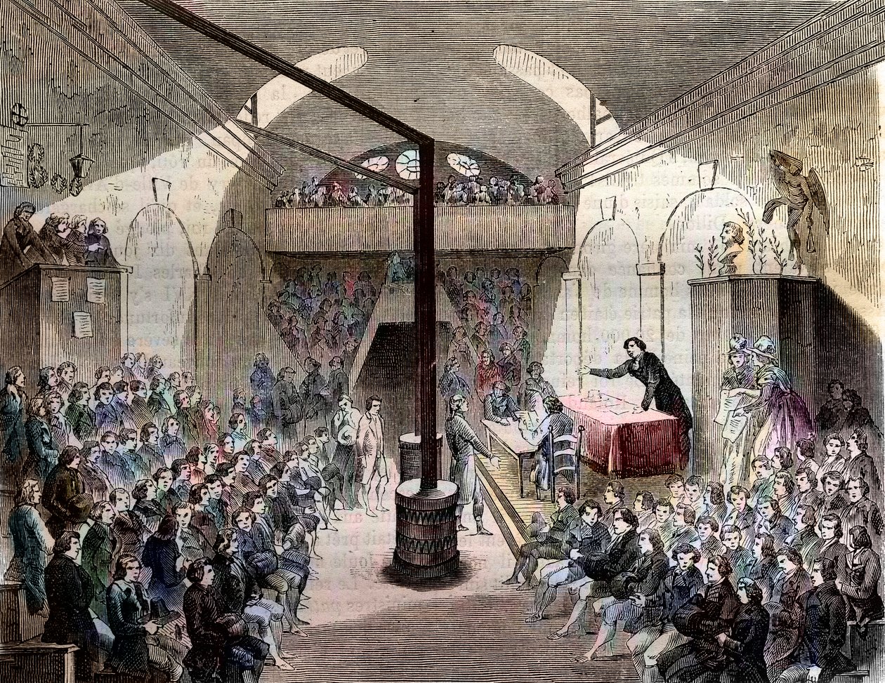 Club des Jacobins - Parijs rue Neuve-St Honore 1789 - Zicht op de club van Jacobins. Voormalig klooster van de Orde van St. Dominicus - Een zitting in de club van Jacobins, tijdens de Revolutie van 1789 - Gravure uit 1844 - Franse Revolutie. Een zitting in door French School