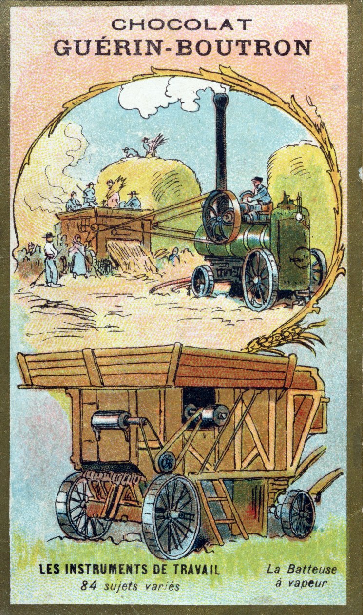 Verzamelkaart van Chocolat Guerin-Boutron met een stoomdorsmachine door French School