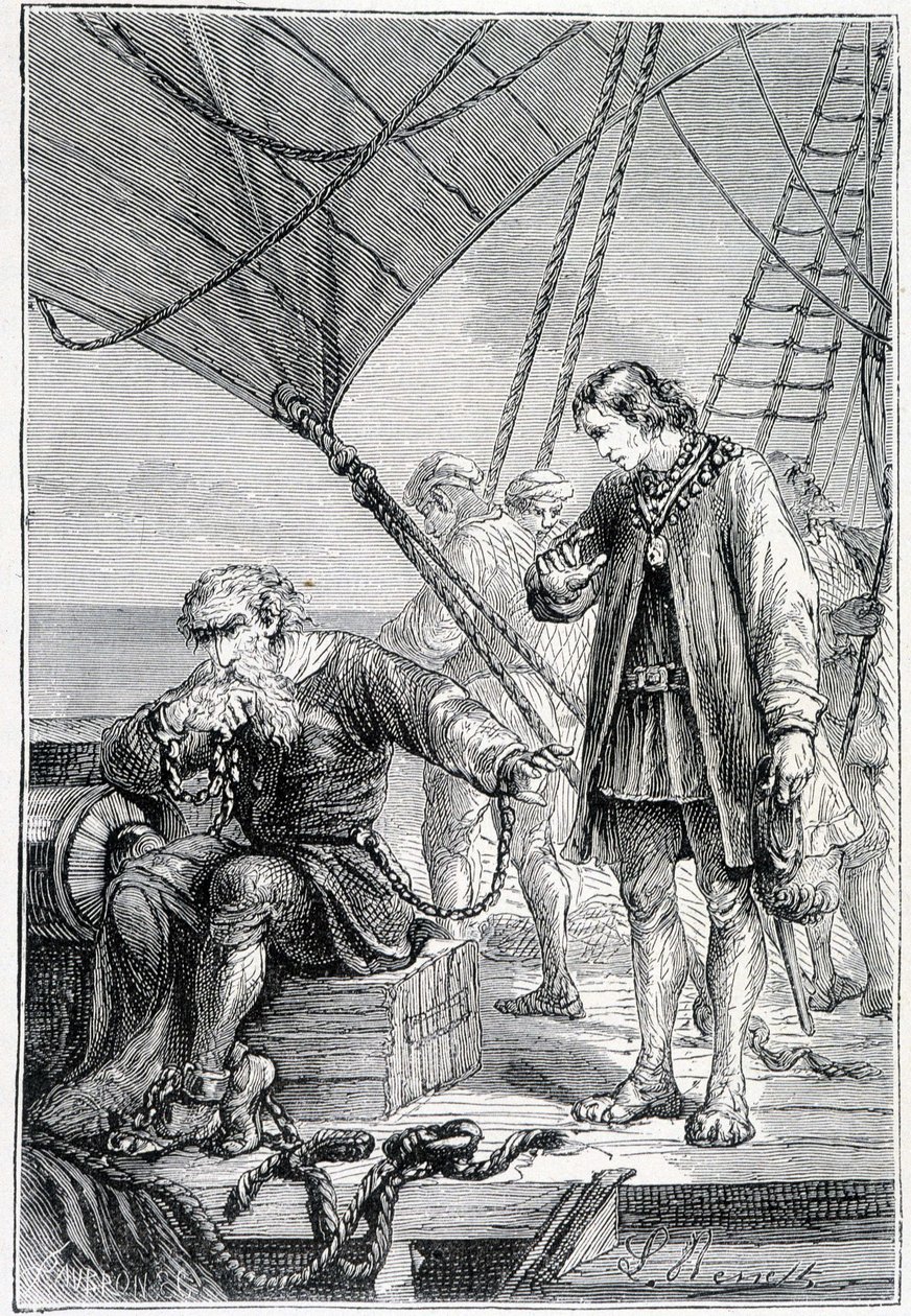 Columbus gebonden als een schurk (op scheepsdek), ill. Ontdekking van de Aarde door Jules Verne, ed. Hetzel, 19e eeuw door French School