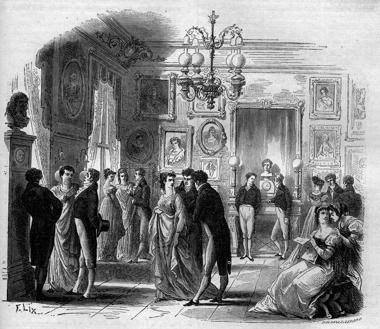 Comedie Francaise: weergave van de artiestenfoyer met komieken Francois-Joseph (Francois Joseph) Talma (1763-1826) en Anne Boutet, bekend als Mademoiselle Mars (1779 - 1847), Franse komiek. Gravure uit 1867-1868. door French School