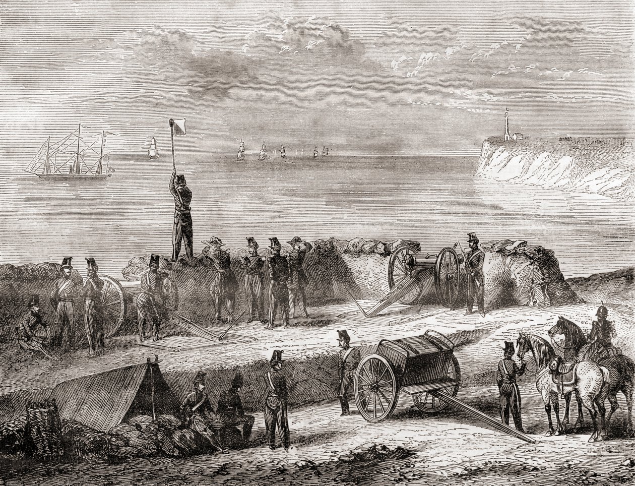 Communicatie tussen een schip dat de haven binnenkomt en de gelande troepen met behulp van het vlagsemafoor telegraafsysteem, uit Les Merveilles de la Science door French School