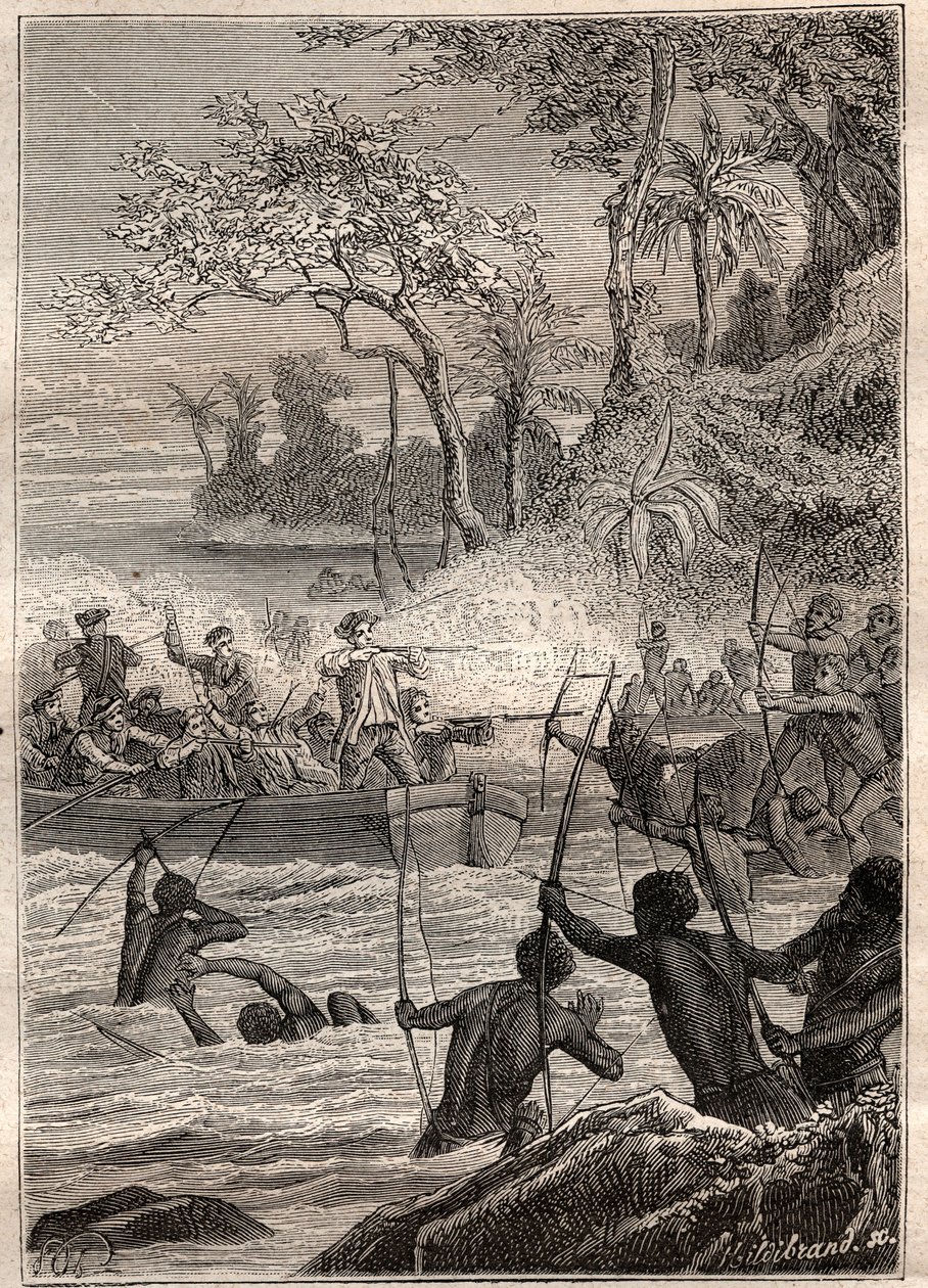 Reis van Philip Carteret naar de eilanden van Santa Cruz, met name het eiland Nendo in 1767 - illustratie uit 