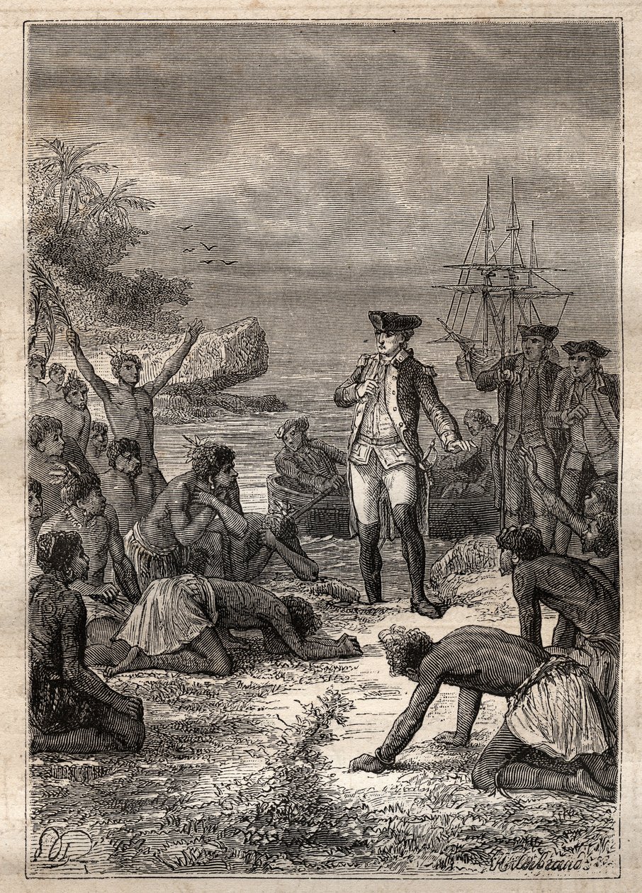 Ontvangst van Cook door de inboorlingen - Derde reis van James Cook - Cook verwelkomd door de inboorlingen - Derde reis van James Cook in de Stille Oceaan - illustratie uit 