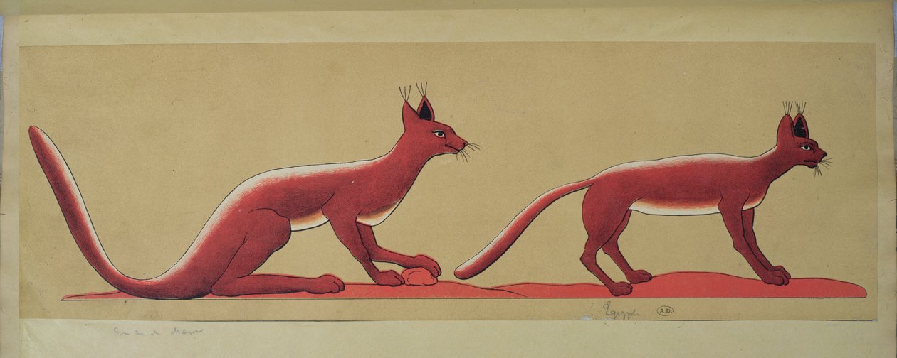 Kopie van een originele oude Egyptische muurschildering die twee wilde katten afbeeldt door French School