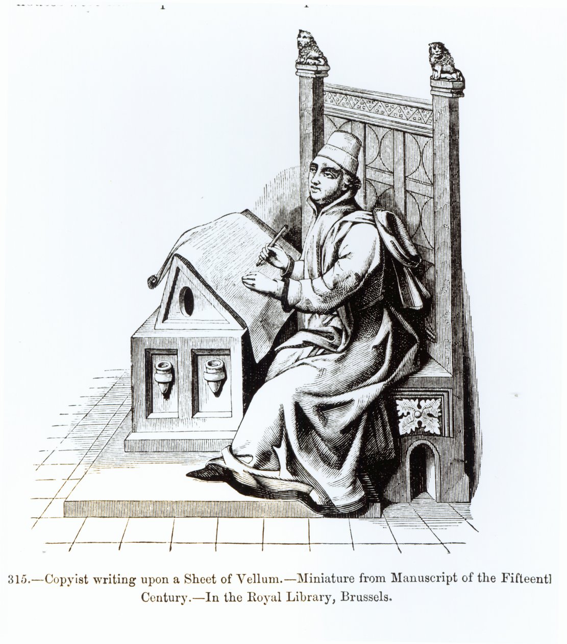Kopieist die op een vel perkament schrijft, uit een manuscript, illustratie uit Wetenschap en Literatuur in de Middeleeuwen en de Renaissance, geschreven en gegraveerd door Paul Lacroix, 1878 door French School