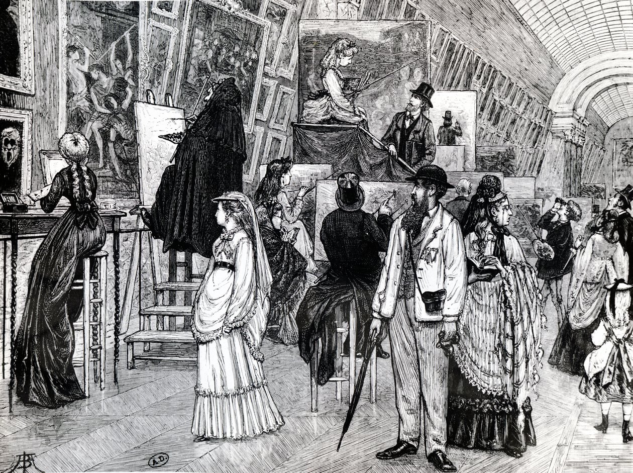 Kopieerders in de Grande Galerie van het Louvre, ca. 1880 door French School