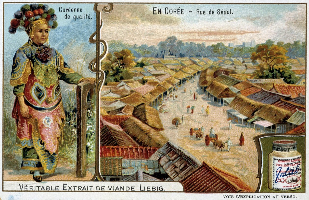 Korea: Straat in Seoul en vrouwenkostuum - chromo Liébig, ca. 1900 door French School