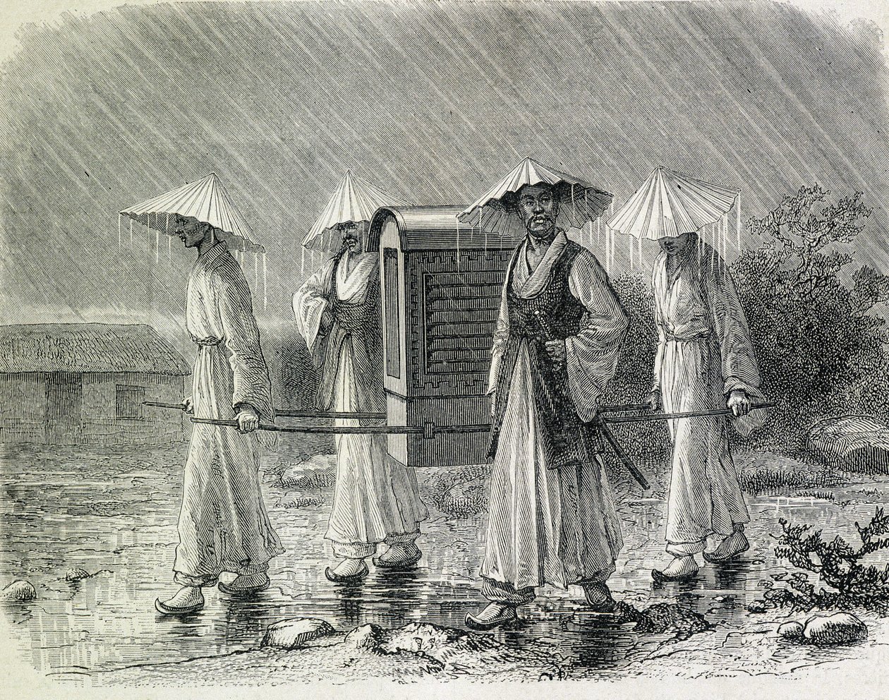 Koreanen gekleed in een draagstoel (regenpak van de Koreanen) die een stoel dragen. Illustratie uit 
