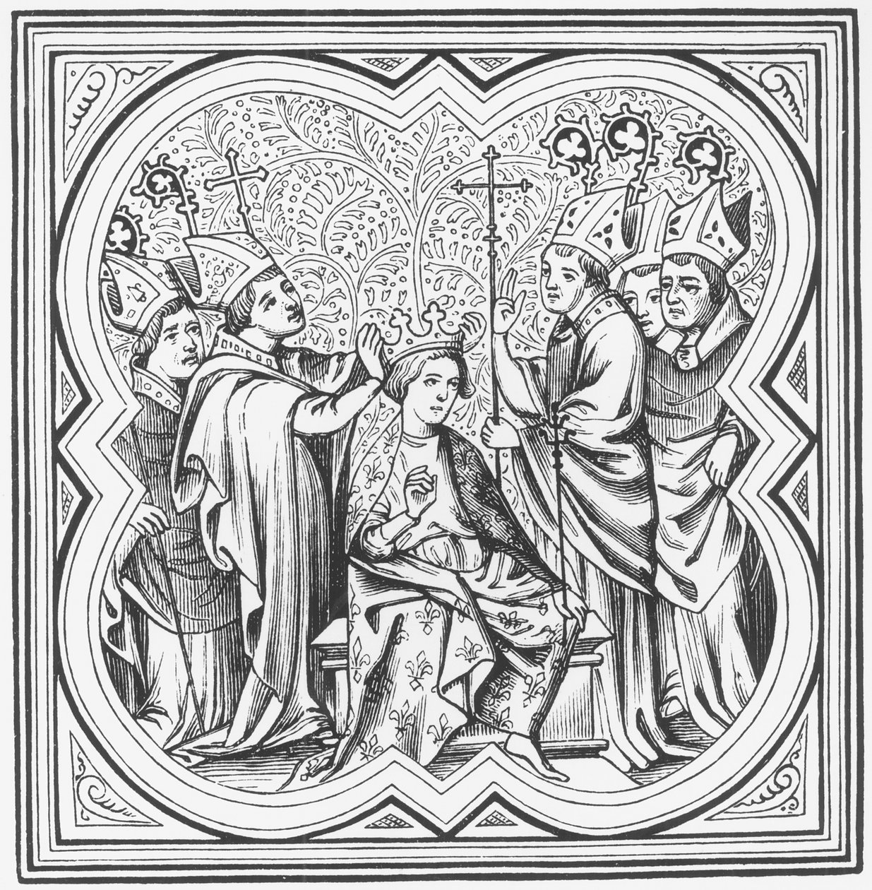 Kroning van Karel de Grote (742-814) naar een miniatuur in Chronicles of St. Denis door French School