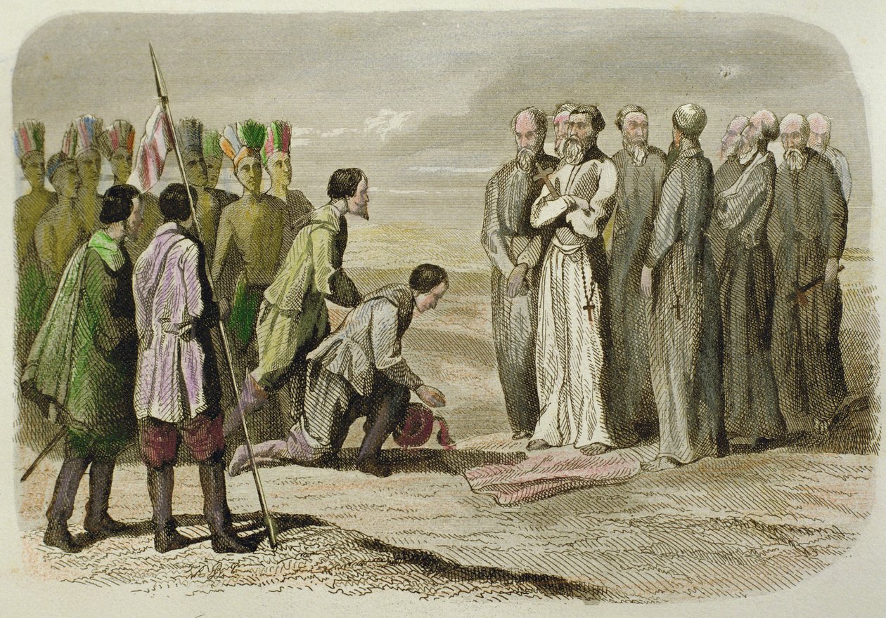 Cortes aan de voeten van Martin de Valencia door French School