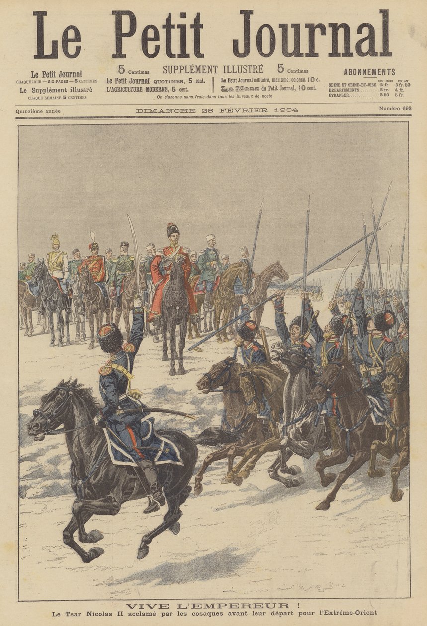 Kozakken die tsaar Nicolaas II toejuichen voordat ze naar het Verre Oosten vertrekken om tegen de Japanners te vechten (kleurenlitho) door French School