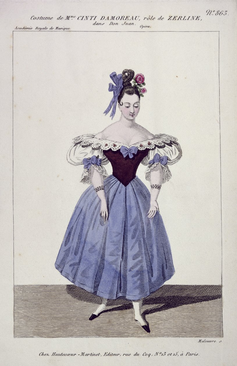 Kostuum voor Madame Cinti Damoreau in de Rol van Zerlina in Don Giovanni, gegraveerd door Maleuvre, gedrukt door Hautecoeur-Martinet door French School