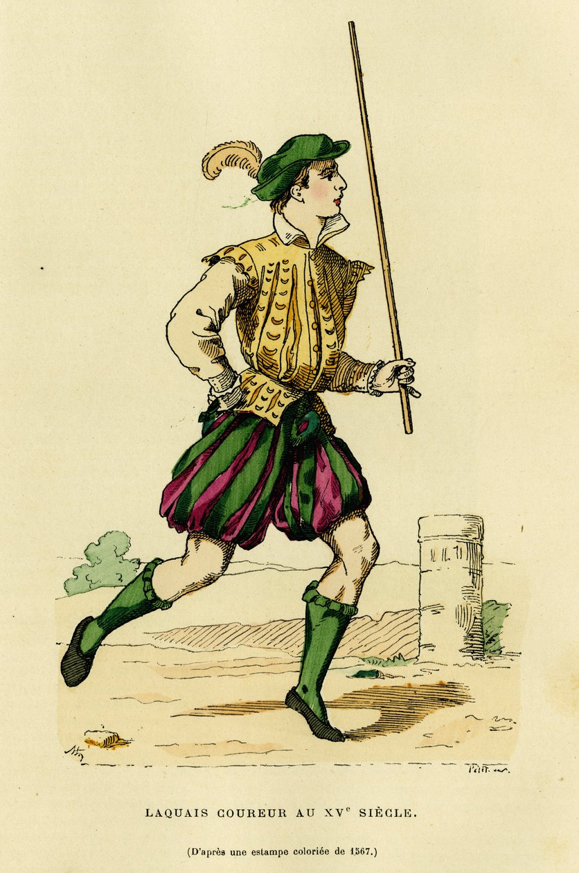 Kostuum van lakei loper in de 15e eeuw, belast met het vrijmaken van de weg en het aankondigen van de passage van een edelman of heer. Kleuren gravure, in 