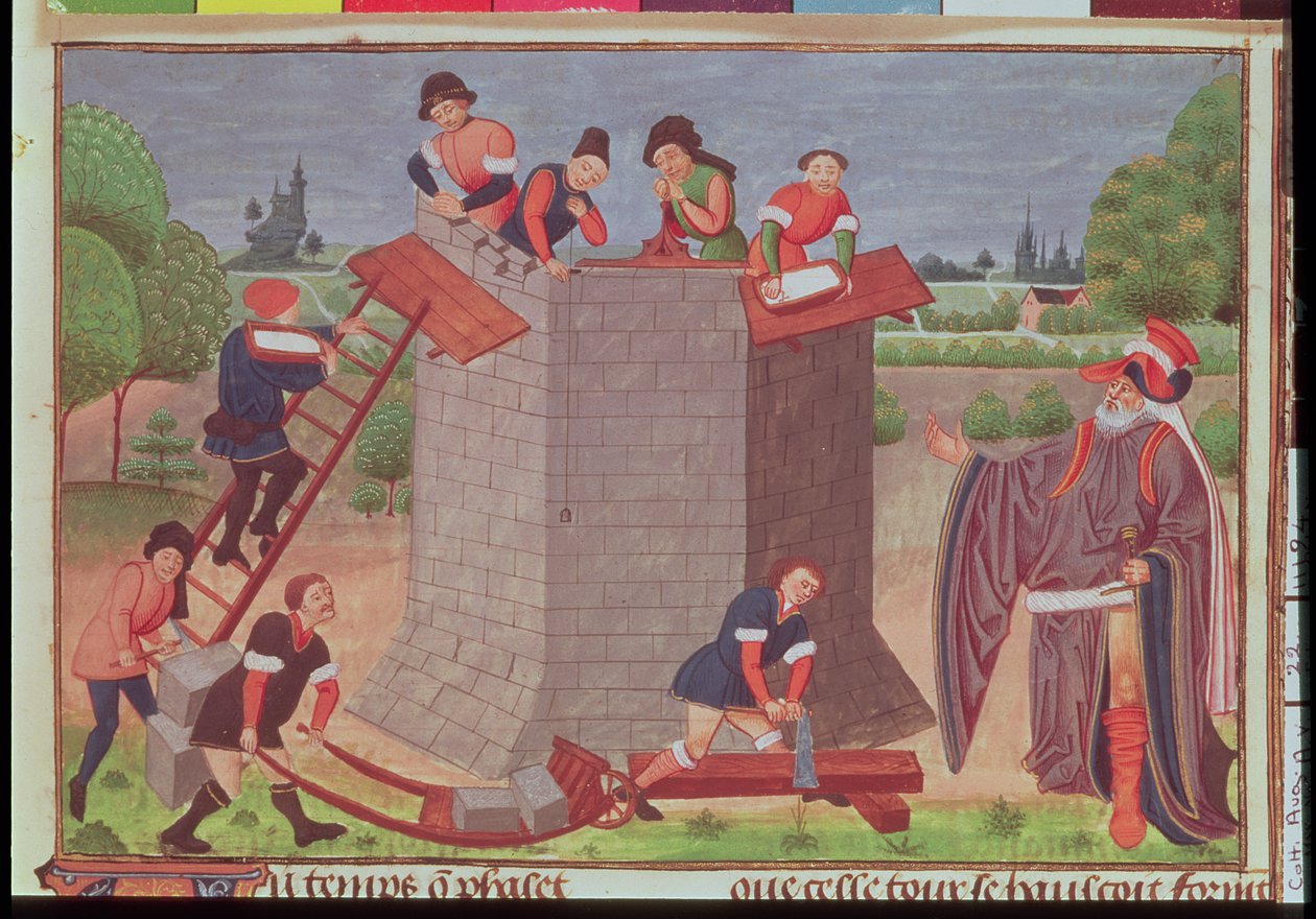De bouw van de Toren van Babel, miniatuur uit 