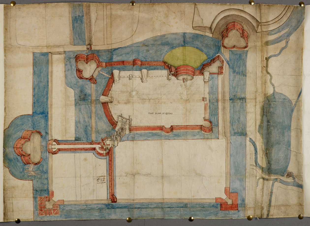 Een gekleurd plan van het Kasteel van Guînes rond 1540 door French School