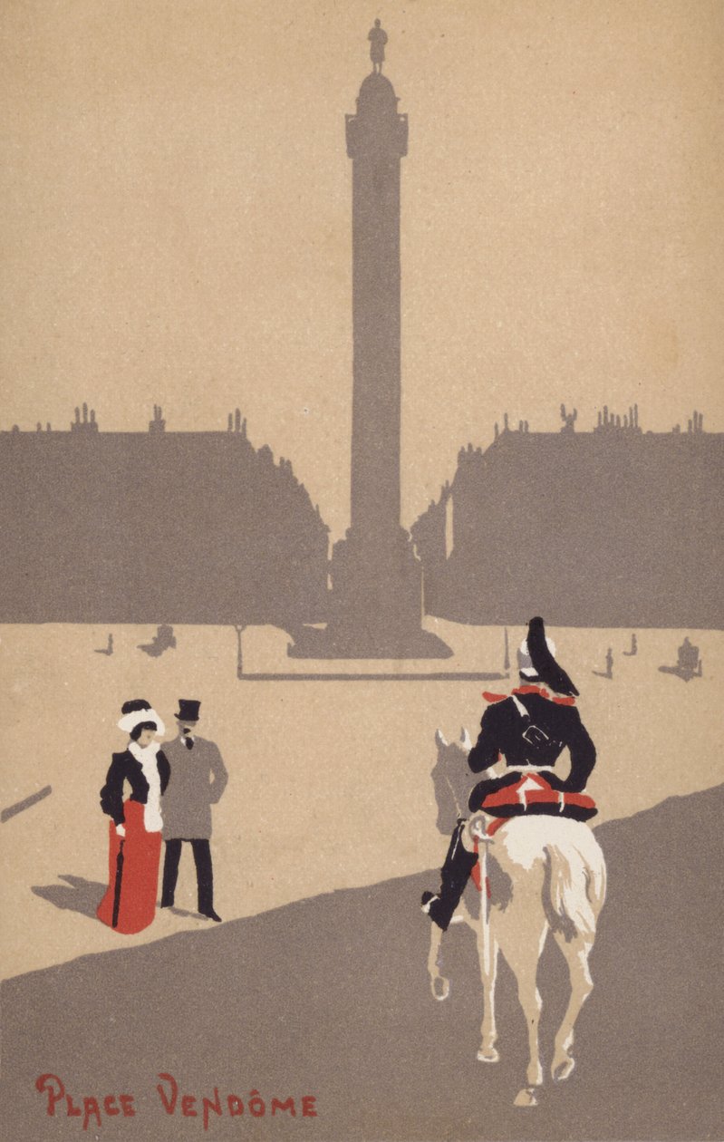 Echtpaar kijkt naar een bereden Franse cavaleriesoldaat op de Place Vendome, Parijs in Frankrijk (kleurenlitho) door French School