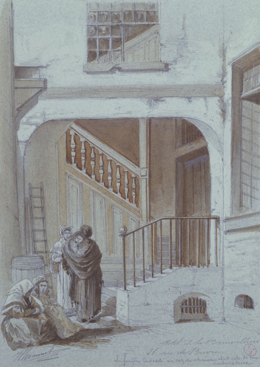 Binnenplaats en laboratorium van de Markiezin de Brinvilliers, 28 rue de Bievre, Parijs (krijt en gouache op papier) door French School