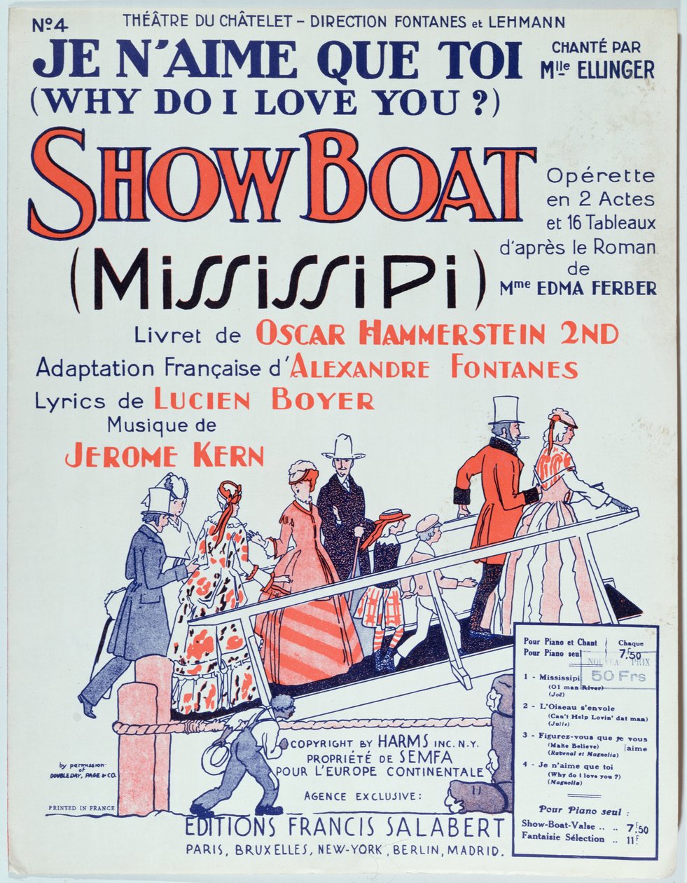Omslag van partituur van de operette Showboat, geproduceerd in het Théâtre du Châtelet in 1928 door French School