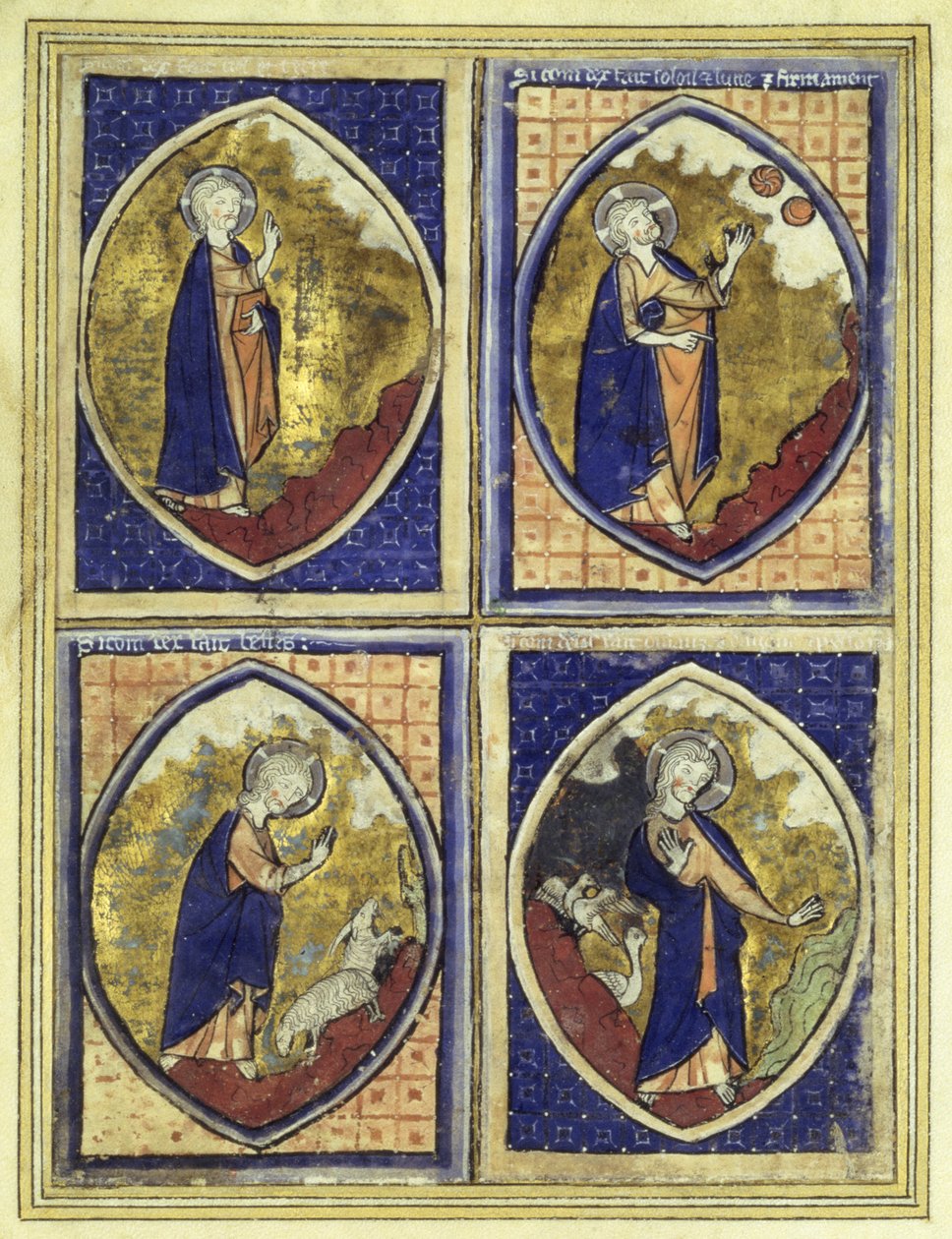 Schepping van het firmament, schepping van de zon en de maan, schepping van de dieren, schepping van de vogels, laat 13e eeuw door French School