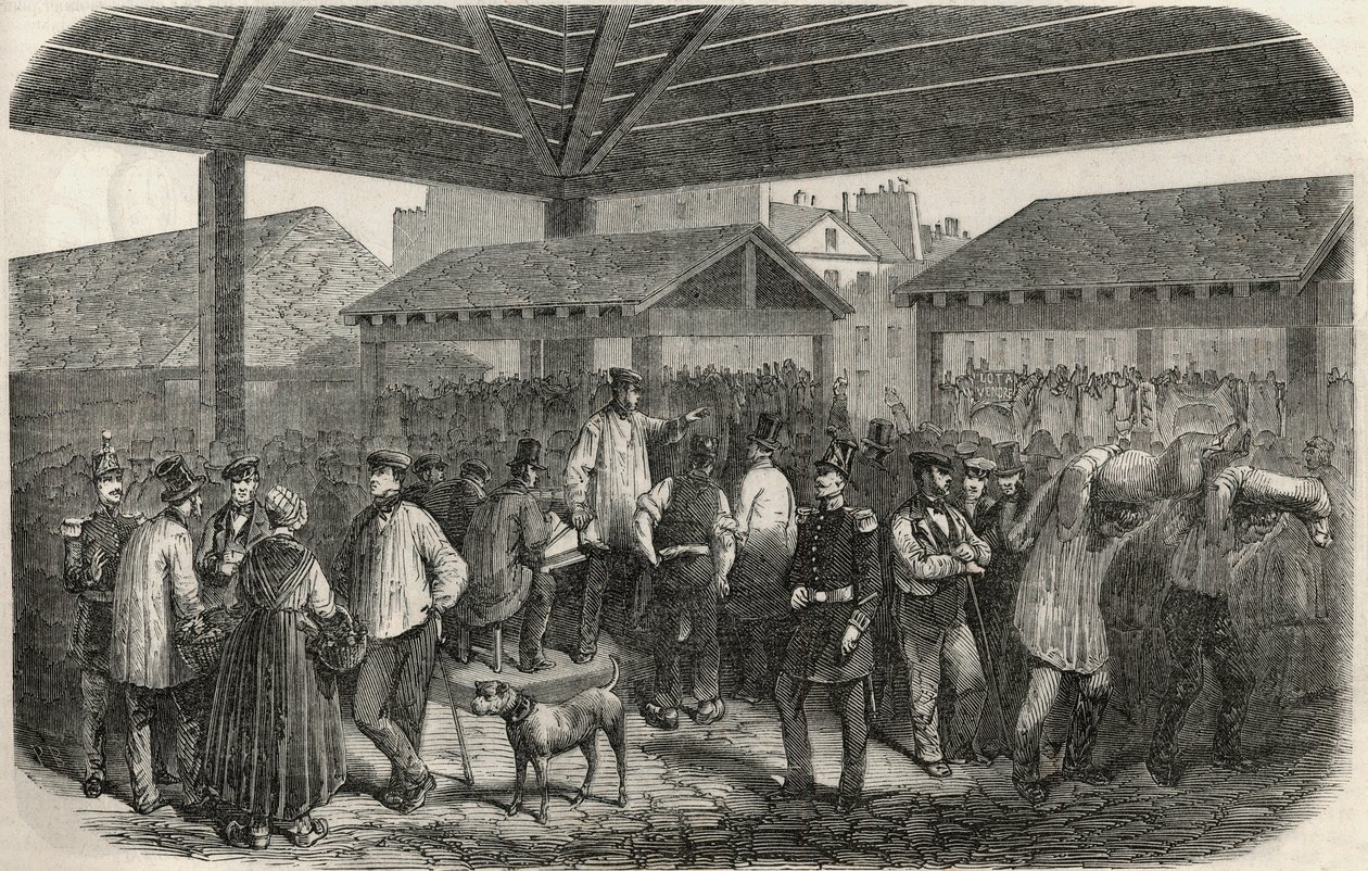 Vleesmarkt in de rue des Prouvaires in het 1e arrondissement van Parijs - Gravure in 