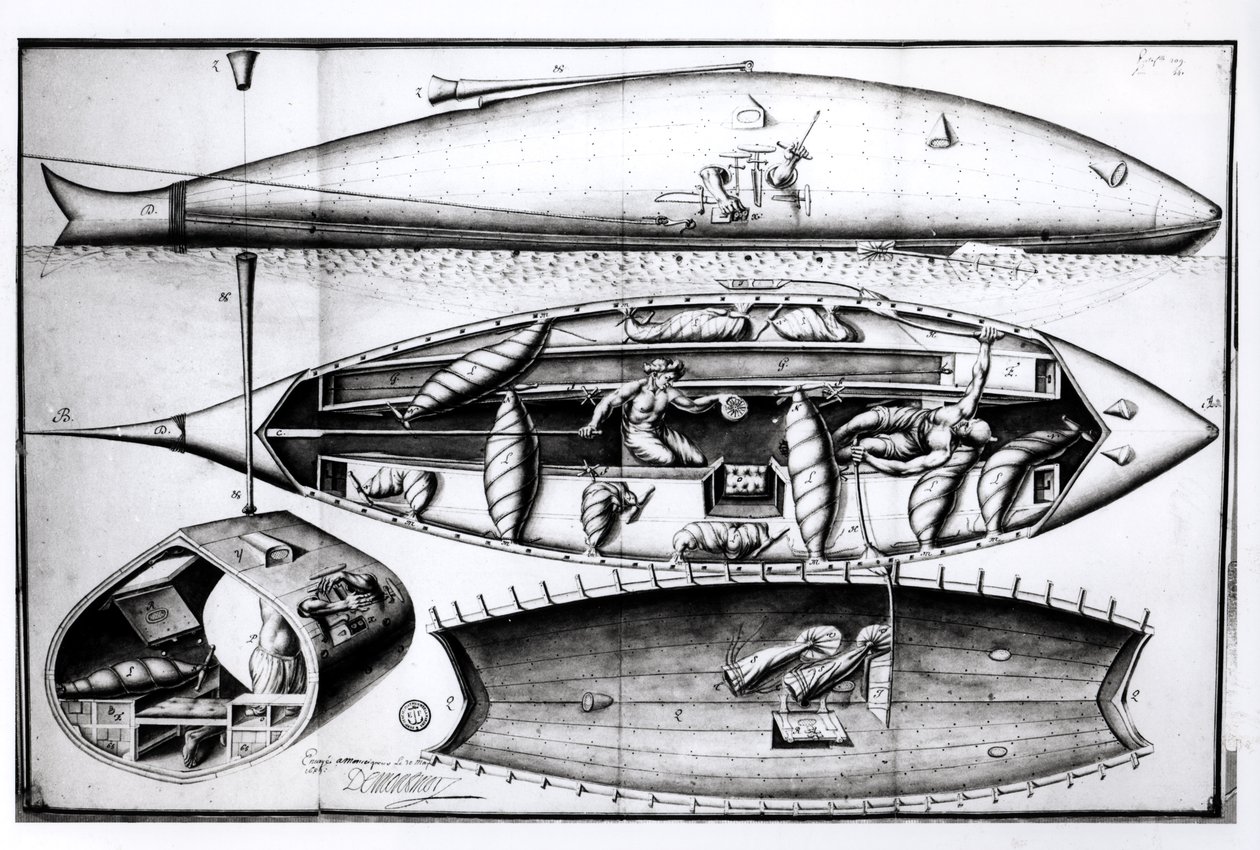 Dwarsdoorsnede van een onderzeeër, uit een manuscript, maart 1689 door French School