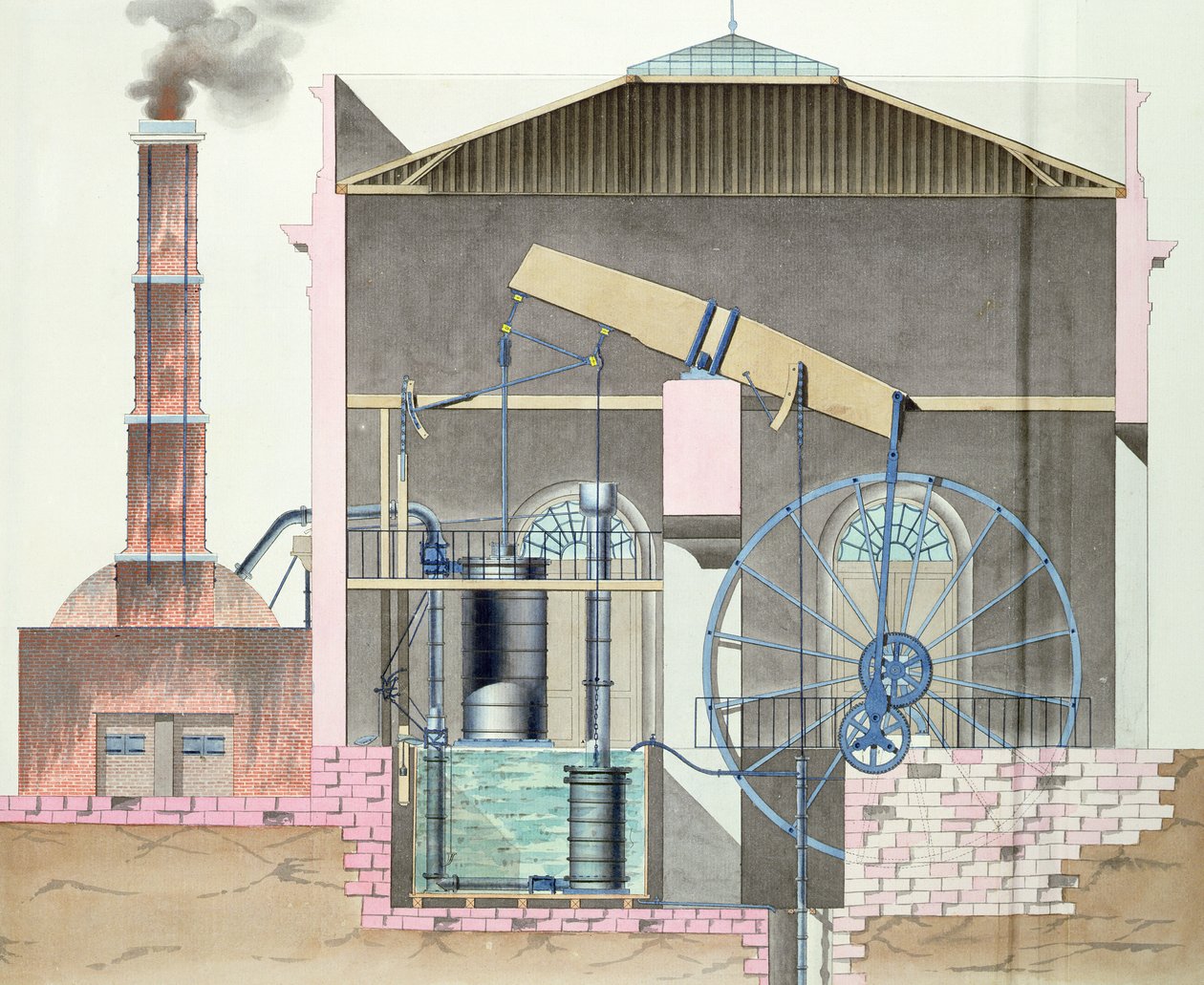Dwarsdoorsnede van Watts stoommachine door French School