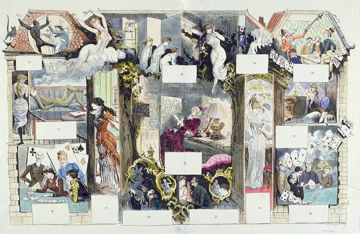 Doorsnede van een Parijs huis, illustratie uit La Vie Parisienne, ca. 1875 (kleurgravure) door French School
