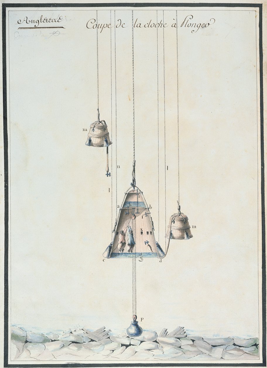 Dwarsdoorsnede van een duikklok, 1785 door French School