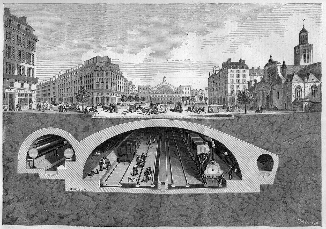Dwarsdoorsnede van het ondergrondse spoorwegproject in Parijs, van de Vilette naar de centrale hallen, in 1861. Gravure in 