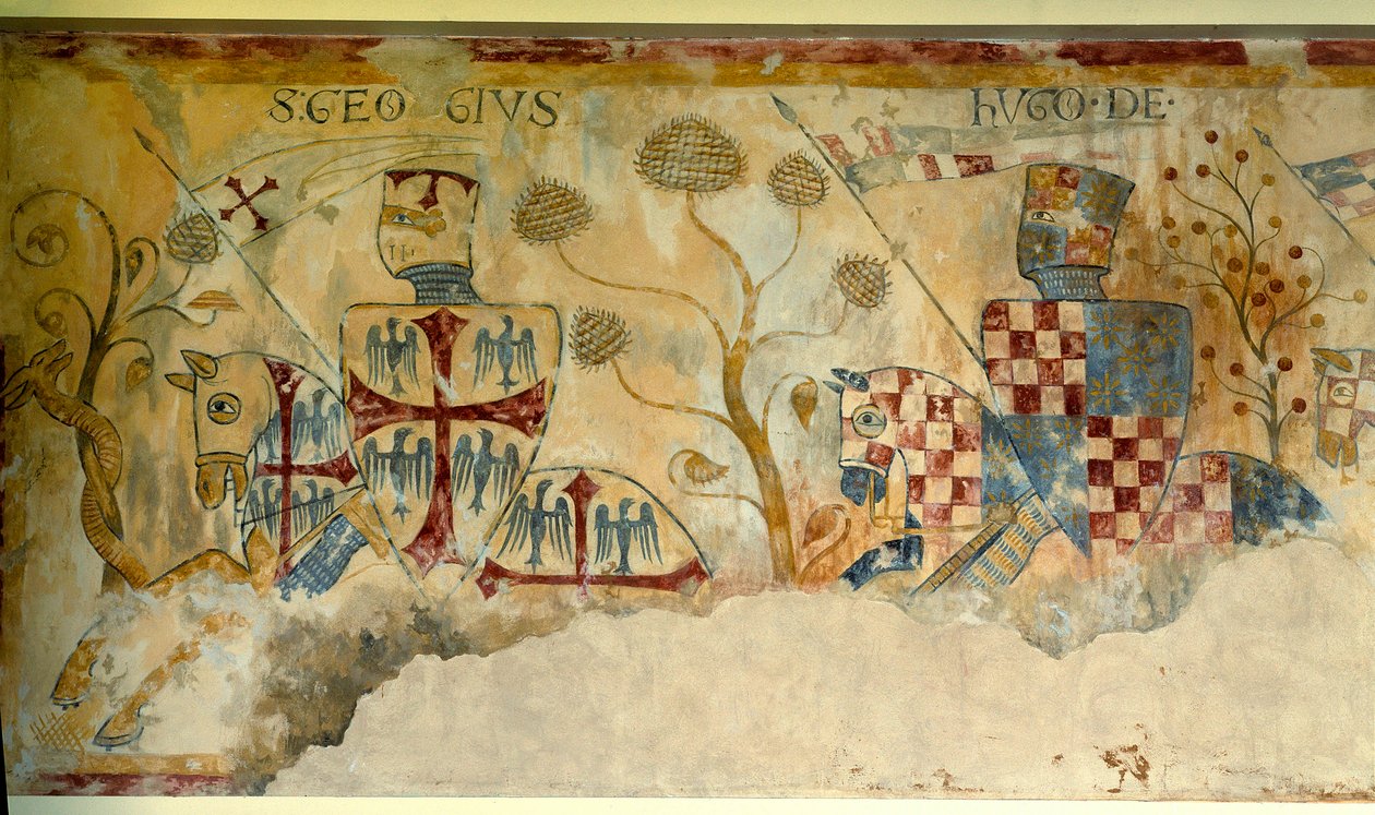Kruistocht: vertrek van de Ridders voor de Kruistocht: voorstelling van Sint Joris en Hugo I van Vermandois (1057-1102) (?) of Hugo XII van Lusignan (?). (detail) door French School