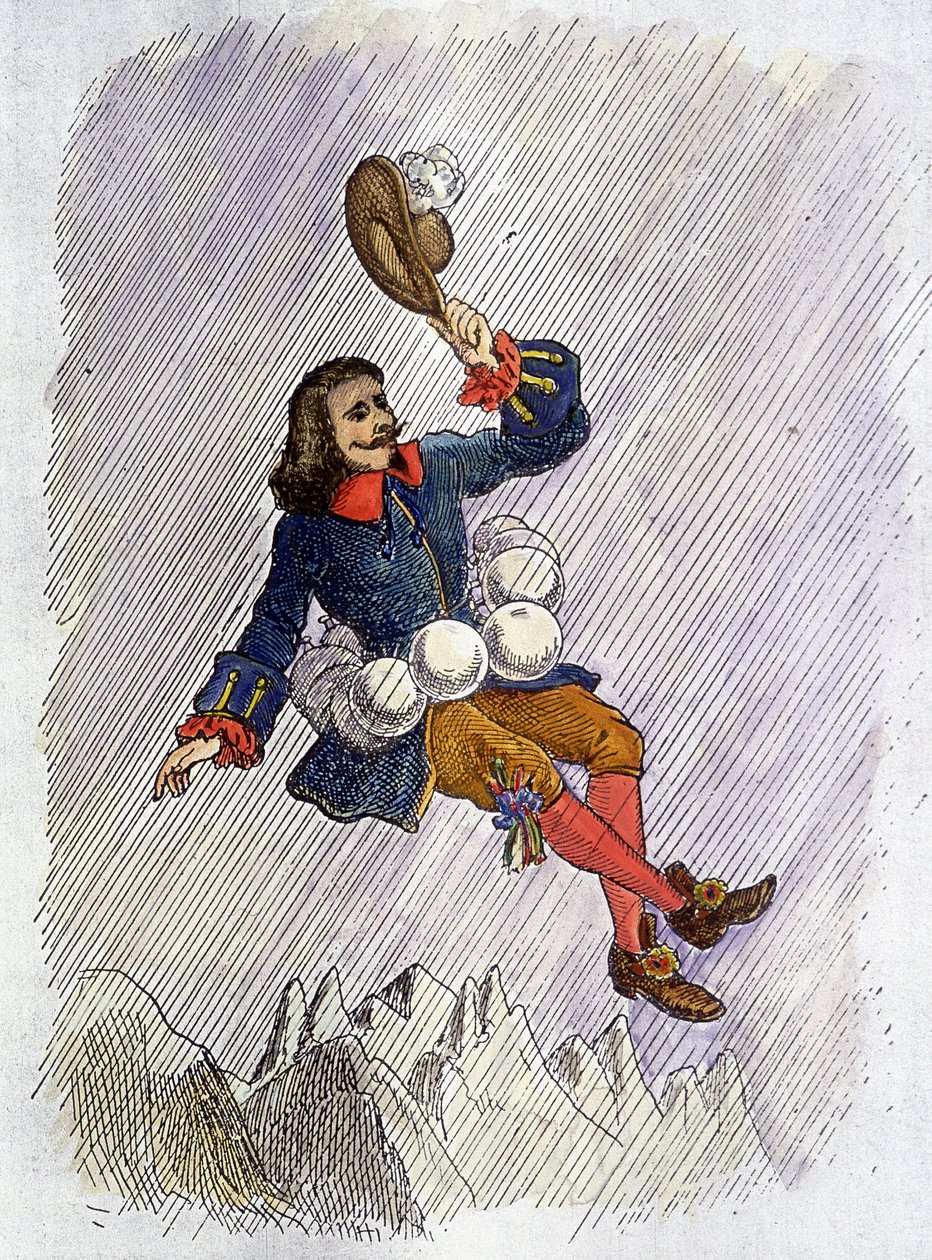 Cyrano de Bergerac aangevallen door zijn vijanden, illustratie van de roman door Cyrano de Bergerac: 