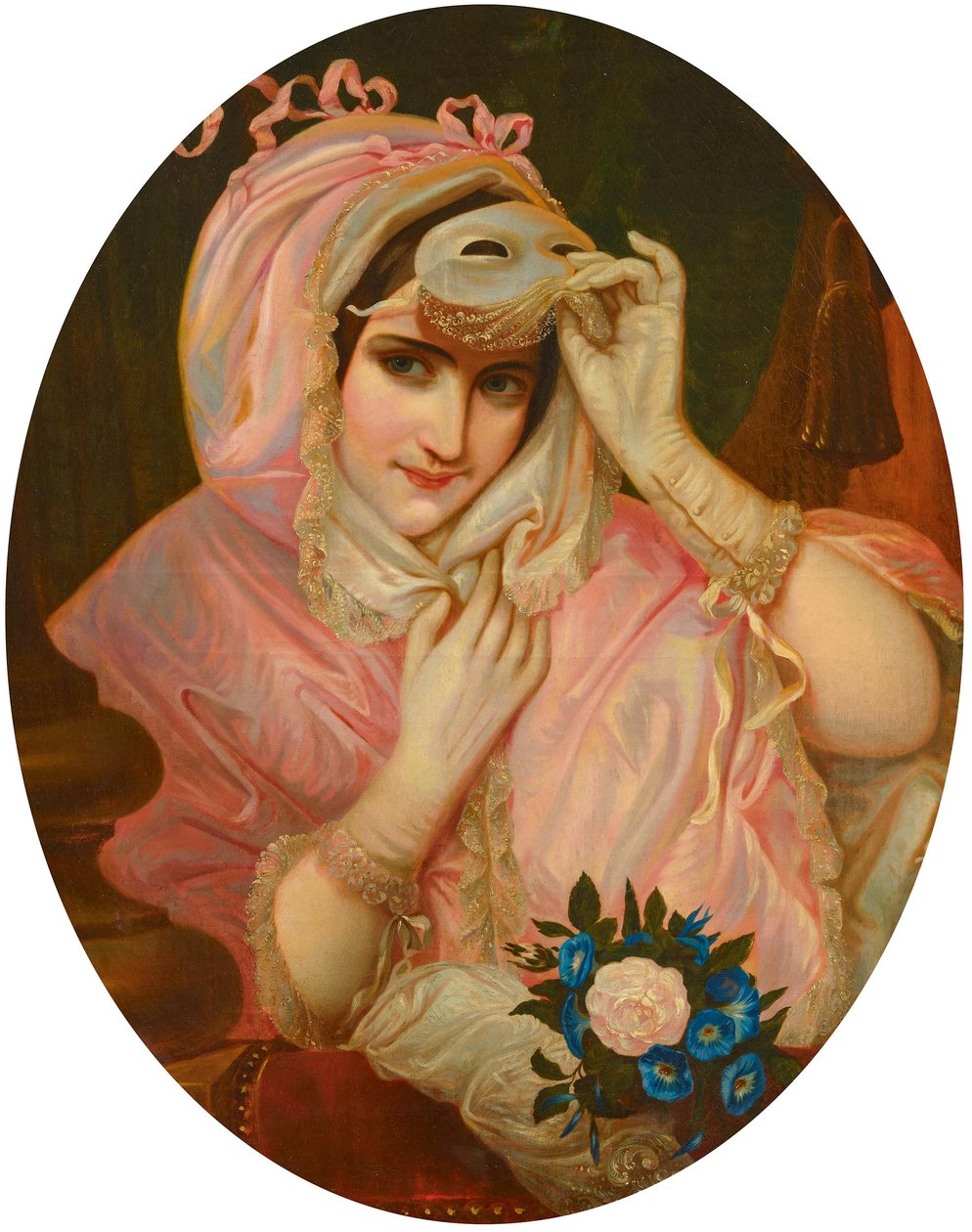 Dame met masker in roze gewaad F19Jh door French School