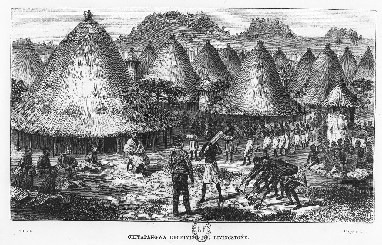 David Livingstone verwelkomd in een dorp in de Grote Meren regio van Centraal-Afrika door French School