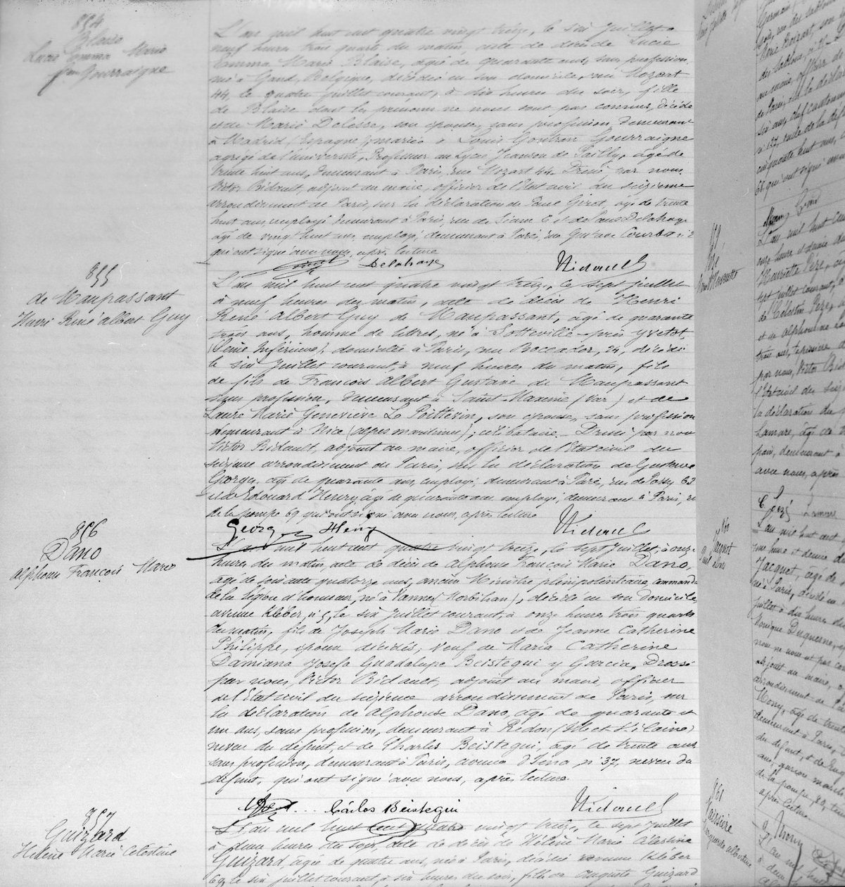 Overlijdensakte van Guy de Maupassant (1850-93) 7 juli 1893 (detail) door French School