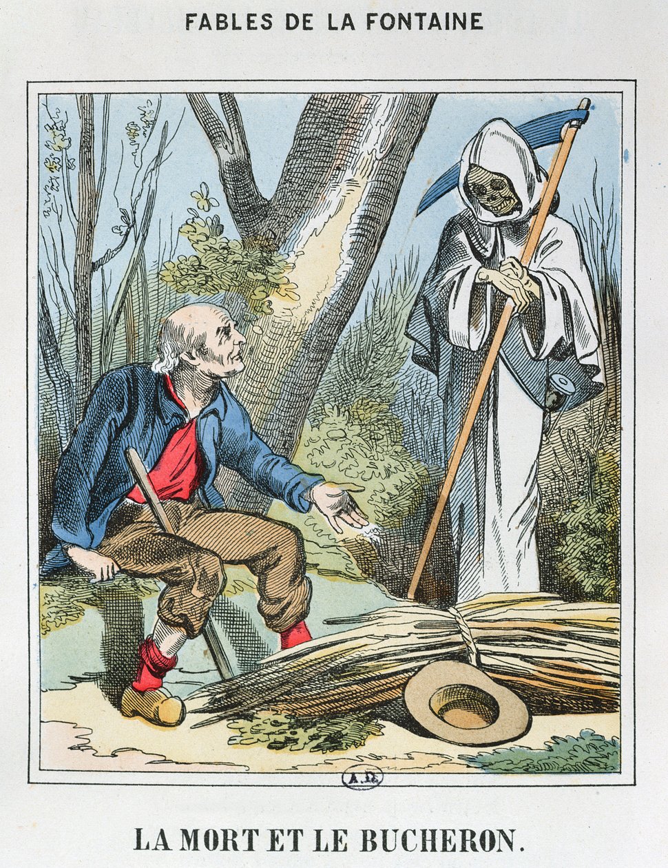 De dood en de houthakker (gekleurde gravure) door French School