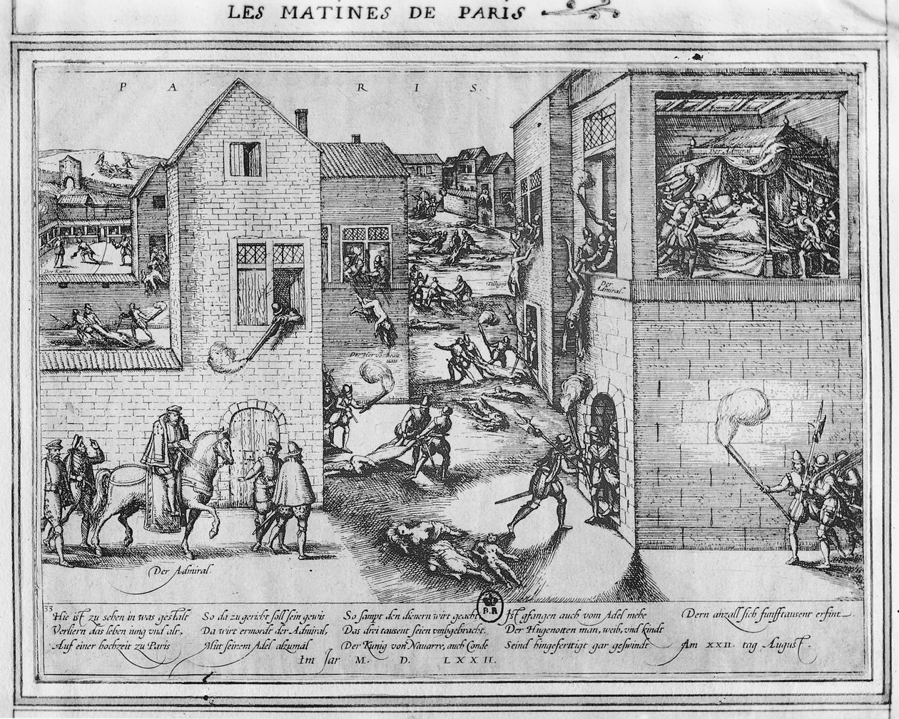 Dood van admiraal Gaspard II de Coligny (1519-72) tijdens het Bloedbad van Sint-Bartholomeus in 1572 door French School